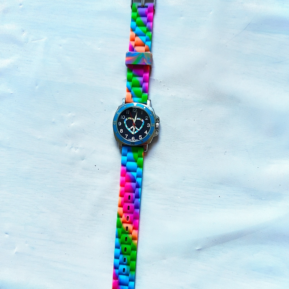 Undee Bandz Watch Peace Sign Face Rainbow Color Silicone Band 36mm unisex